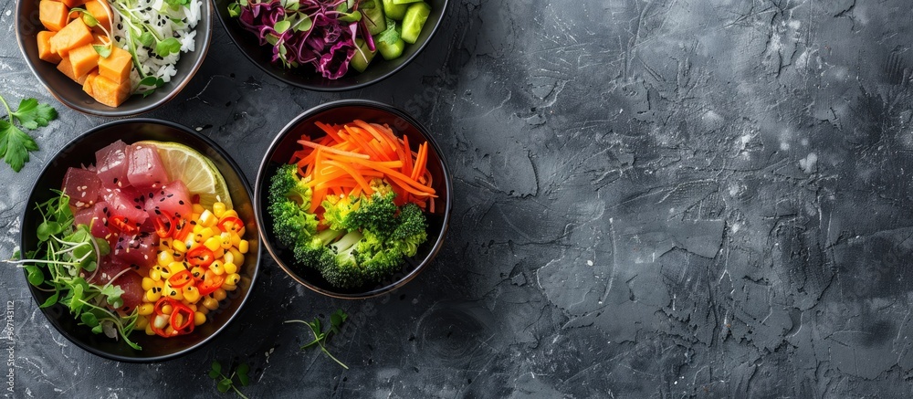 Aufkleber delicious poke bowls displayed on a textured gray background with copy space image