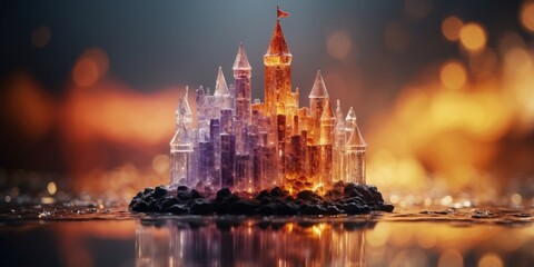 A castle made of crystal floating above a sea of molten fire.