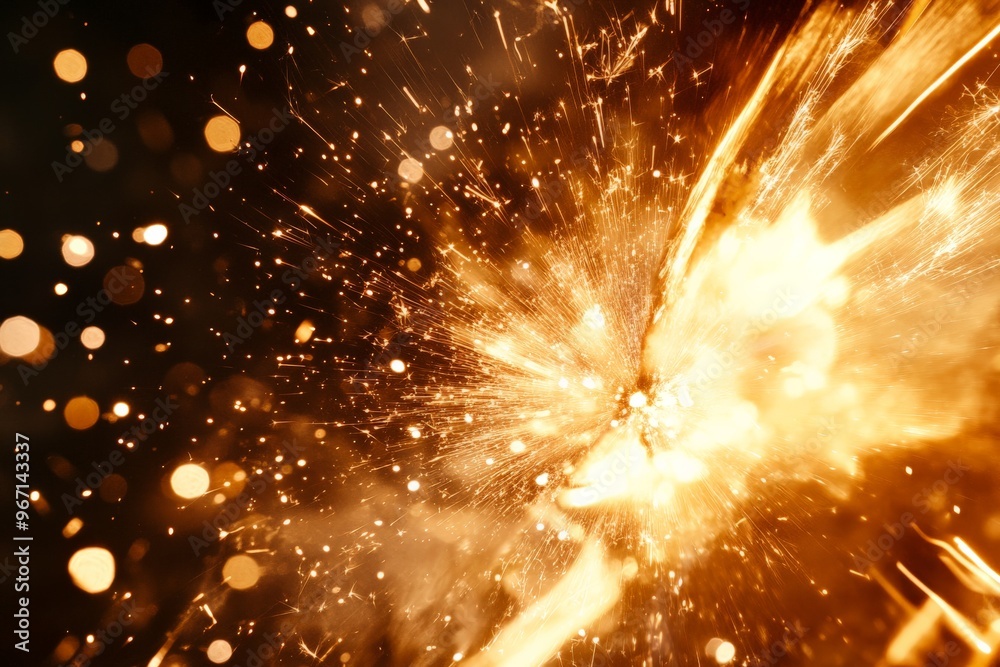 Poster Golden sparks bursting with bright energy and light in an abstract pattern, capturing a dynamic and spectacular display of fiery particles and radiance.