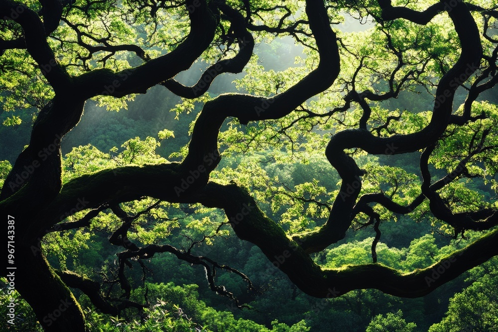 Aufkleber a breathtaking view of tree limbs branching out to form a green, serene canopy, bathed in sunlight, 