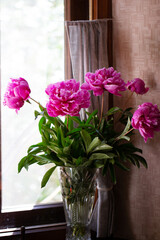 A bouquet of pink peonies with green leaves in a crystal vase on the background of the window.