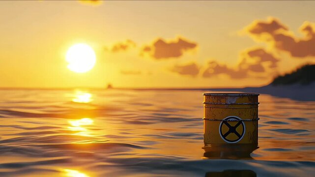 Barrel of radioactive and biological waste into the sea, nature pollution, pollution of the ocean and the sea. 3d render 