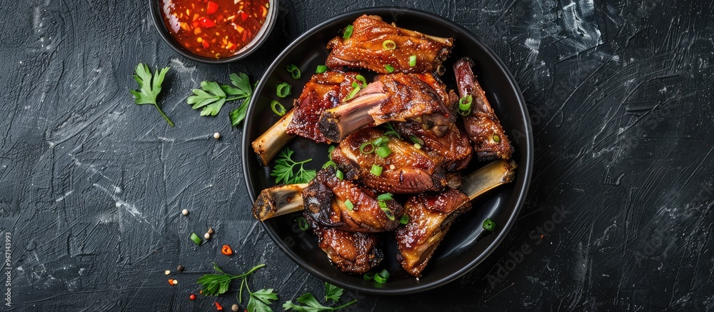 Poster top view of fried duck tongue with spicy dip against a dark background perfect for a copy space imag