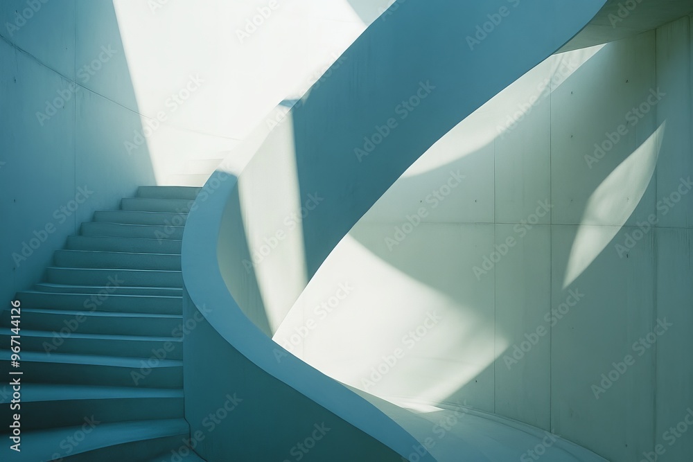 Aufkleber a sleek, modern staircase with a curved and minimalistic design, highlighted by natural light and in
