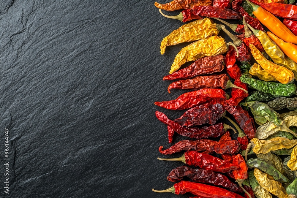 Poster an assortment of colorful dried chili peppers arranged on a black slate surface, showcasing the vibr