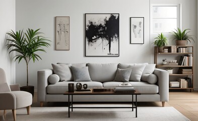 Modern luxury living room with elegant decor and minimalistic design..