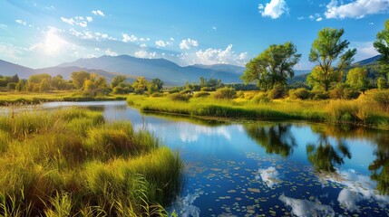 Fototapeta premium Beautiful landscape view of green summer forest with spruce and pine trees mountain, lake, river.