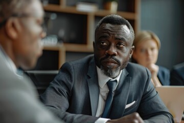 Obraz premium A professional man sits at a table surrounded by colleagues, perfect for corporate or commercial use