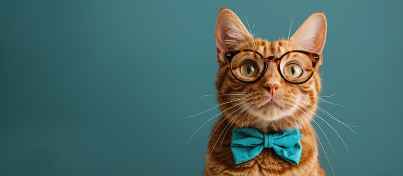 Ginger cat in glasses and blue bow tie posing in close up copy space image Ideal for pet themed funny projects and ads