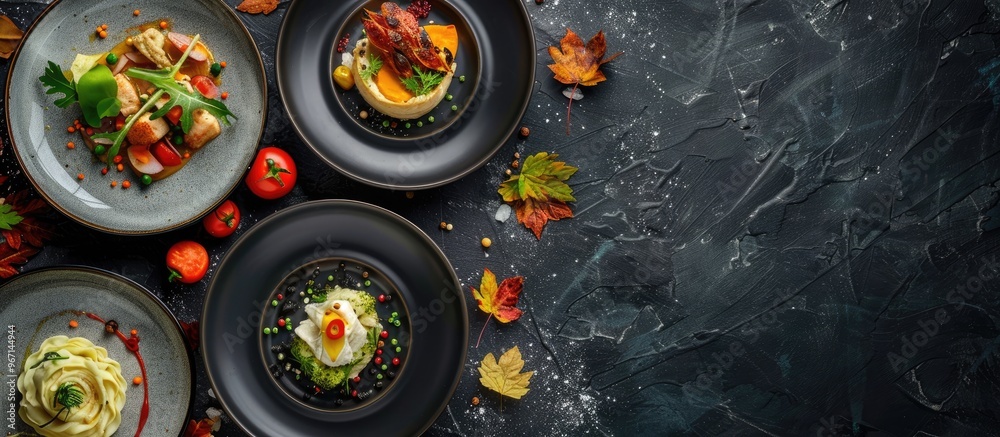 Aufkleber An array of various dishes presented on plates against a dark background top view featuring copy space for an autumn menu concept