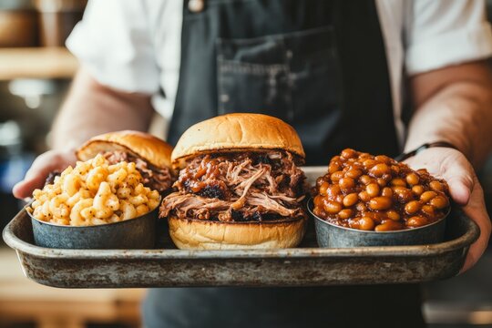 Three pulled pork burgers served on a metal tray with two side dishes, one filled with baked beans and the other with macaroni pasta, creating a hearty meal.