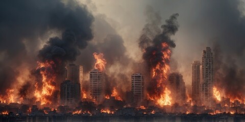 A city destroyed by rocket attacks is shrouded in fire and smoke.