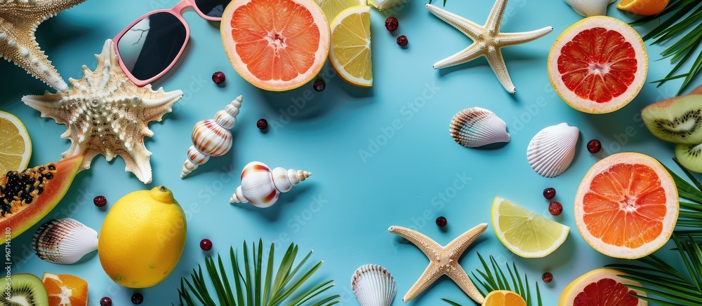 Fototapete a flat lay image depicting summer vibes with a mix of seashells fruits and trendy accessories on a t