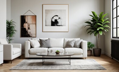 Modern luxury living room with elegant decor and minimalistic design..