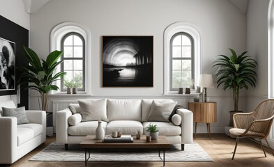 Modern luxury living room with elegant decor and minimalistic design..