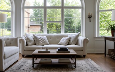Modern luxury living room with elegant decor and minimalistic design..