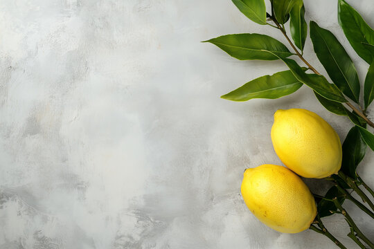 Two lemons with leaves resting on a textured surface etrog and lulav yom kippur
