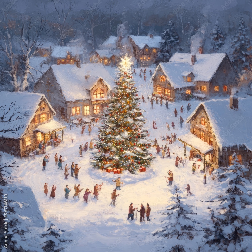 Canvas Prints A snowy village square with a large Christmas tree, surrounded by houses and people celebrating the festive season.