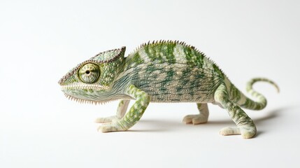 Obraz premium Green and White Chameleon with Yellow Eye on White Background