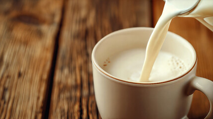 Milk Pouring into Cup on Rustic Wooden Table