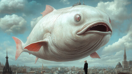 Fototapeta premium A man standing in front of a large fish with an island behind it, AI