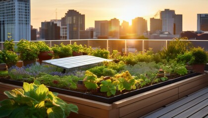Fototapeta premium Solar Panels on a Rooftop Garden at Sunset