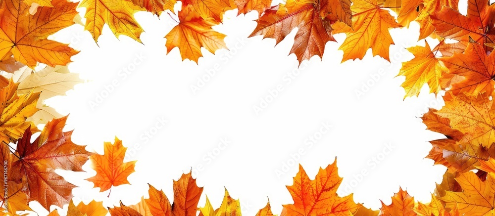 Poster autumn leaves form a frame against a white background leaving room for a copy space image