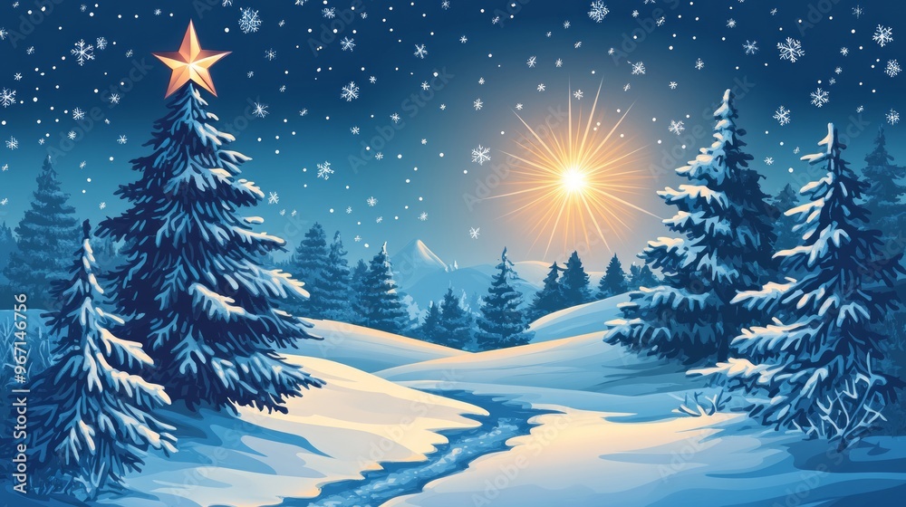 Poster A snowy winter landscape with a star on a fir tree, a sun shining brightly in the distance, and a river winding through the snow.