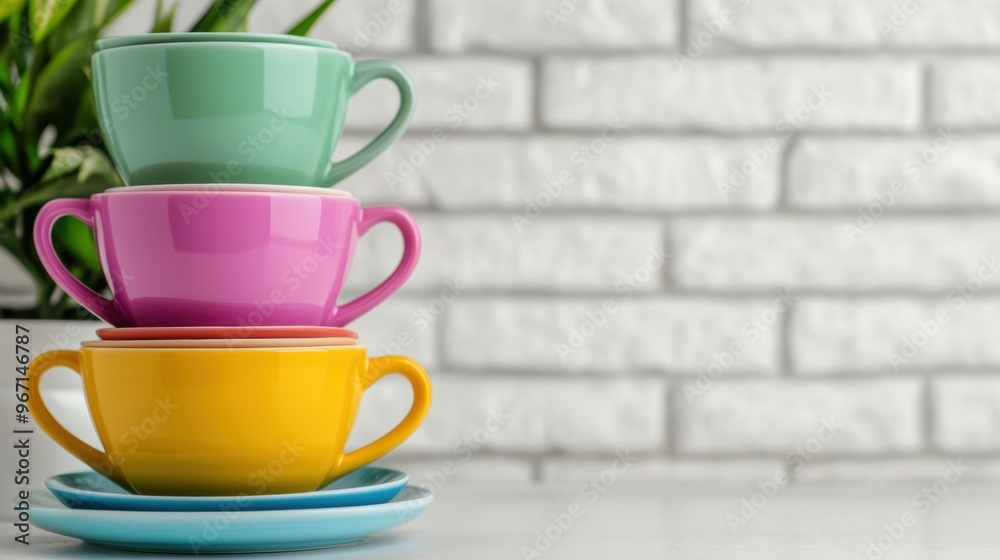 Wall mural a stack of colorful cups on a white table with green plant, ai