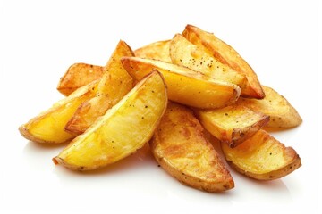 A pile of crispy fried potatoes served on a clean white surface, perfect for food photography or recipes