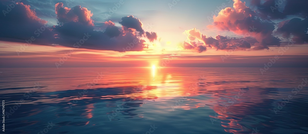 Poster a scenic sunset glow over the bay reflected in the calm waters making it a perfect copy space image