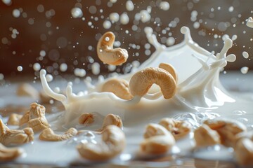 A bowl of cereal falling into a milk splash, great for food, advertising and lifestyle images