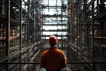 Fototapeta premium A lone worker in a hard hat stands looking out over a vast industrial structure.