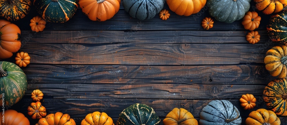 Leinwandbilder wooden background with a frame of various fresh pumpkins creating a rustic copy space image