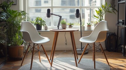 Fototapeta premium Bright Scandinavian podcast studio featuring minimalist wooden microphone stands, contemporary chairs, and a muted palette of whites and grays. Designed for clarity and comfort in podcast production