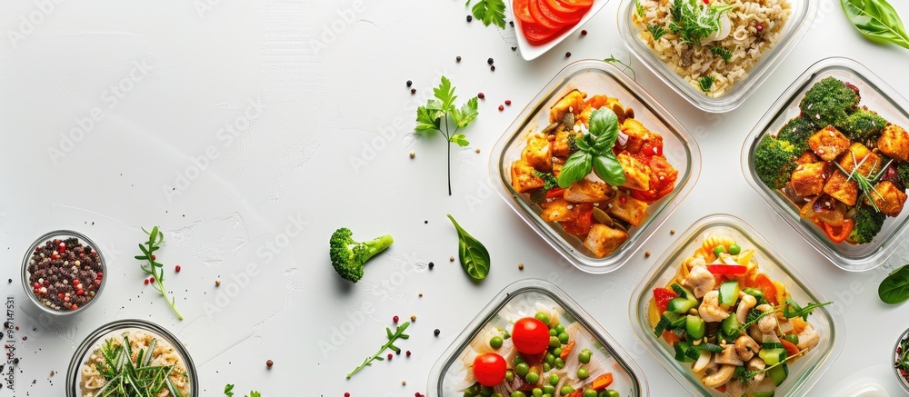 Poster glass containers with various healthy meals on a white backdrop in a flat lay composition with ample
