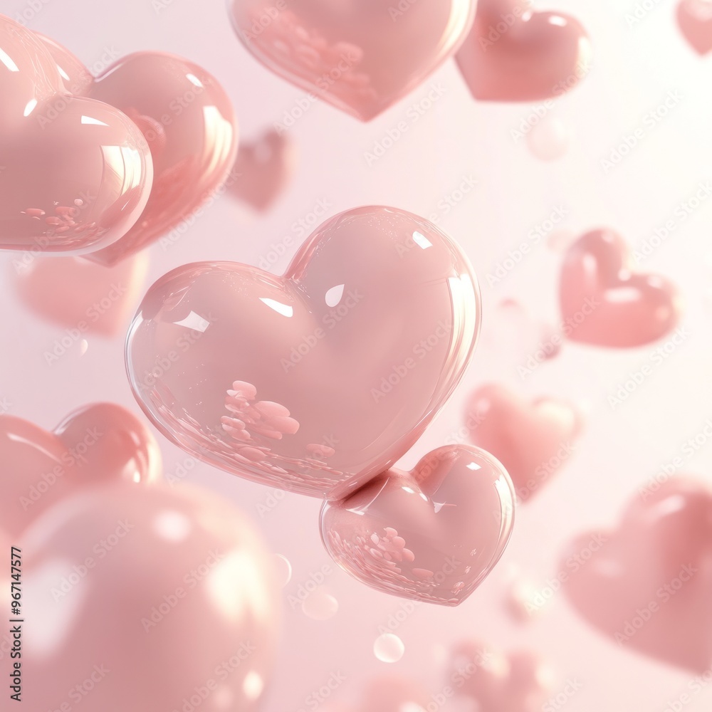 Canvas Prints A soft pink background with several shiny pink hearts floating in the air.