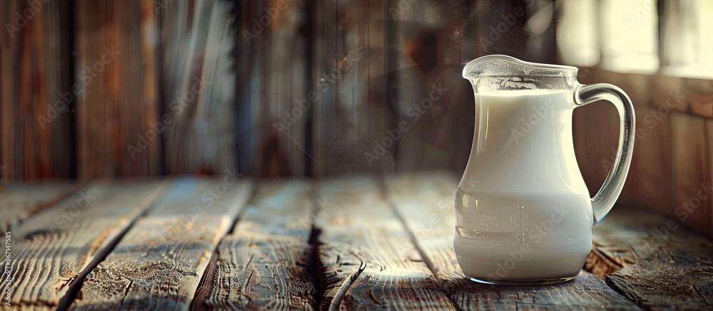 Poster a jug of fresh milk displayed on a rustic wooden table with ample copy space for text