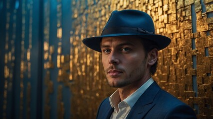 Fototapeta premium Middle-aged Caucasian man with short dark hair wearing black fedora hat and blue suit jacket standing in front of golden background