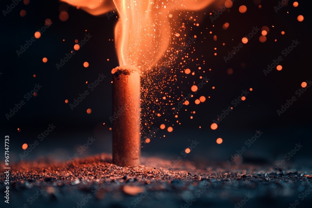 Poster an ignited firework on the ground sending showers of bright sparks into the air, highlighting the vi