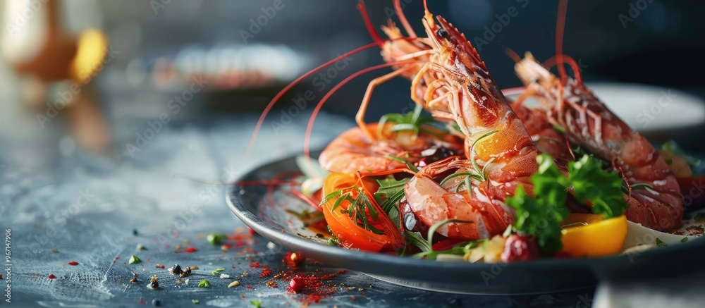 Aufkleber shrimp and vegetables on a plate in a restaurant setting with copy space image