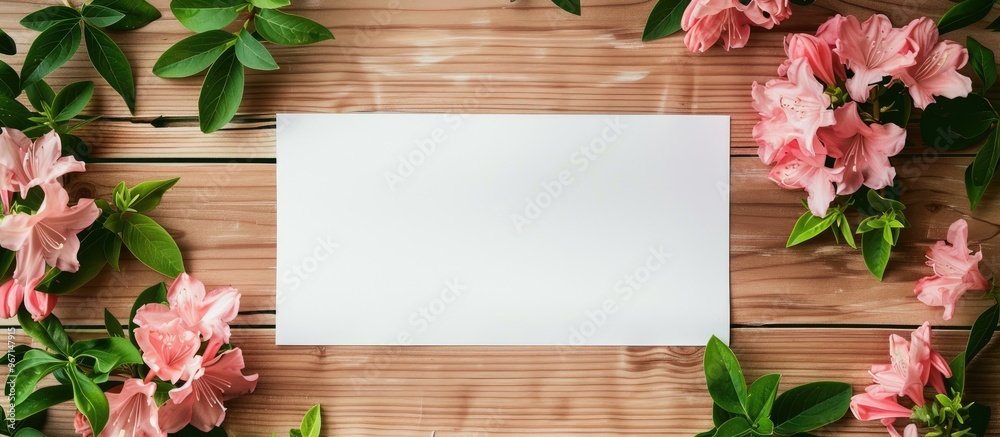 Poster Pink azalea and green basil flowers on a wooden surface with a blank paper sheet create a beautiful spring border in a top view copy space image