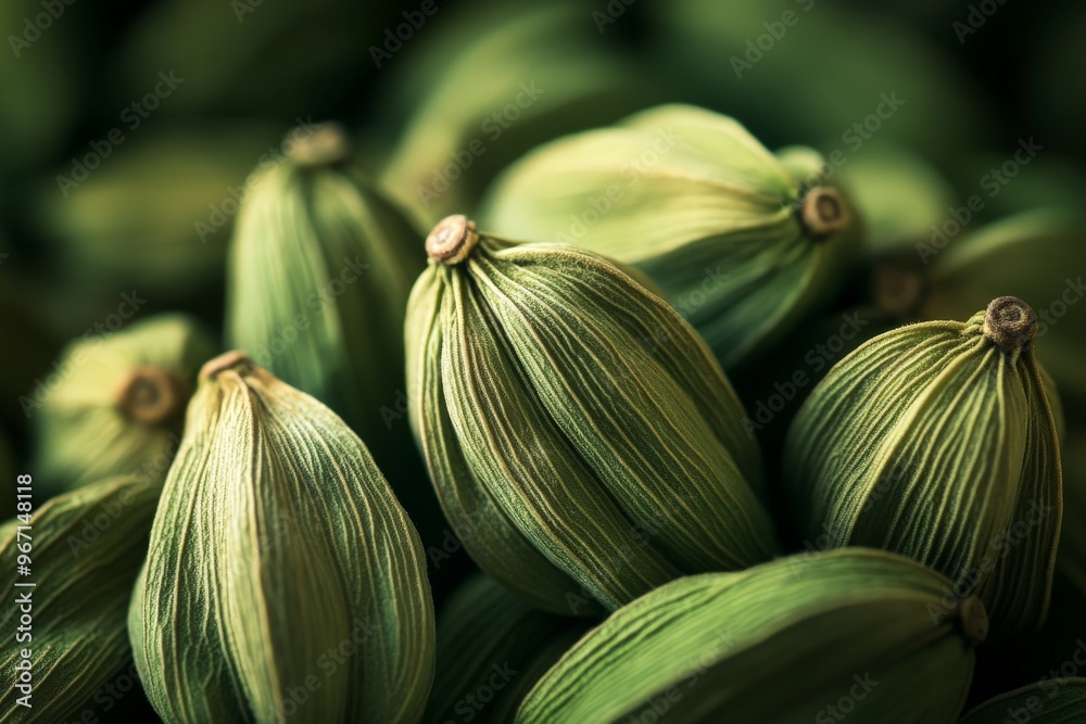 Poster a detailed close-up image of several green cardamom pods, highlighting their intricate textures and 