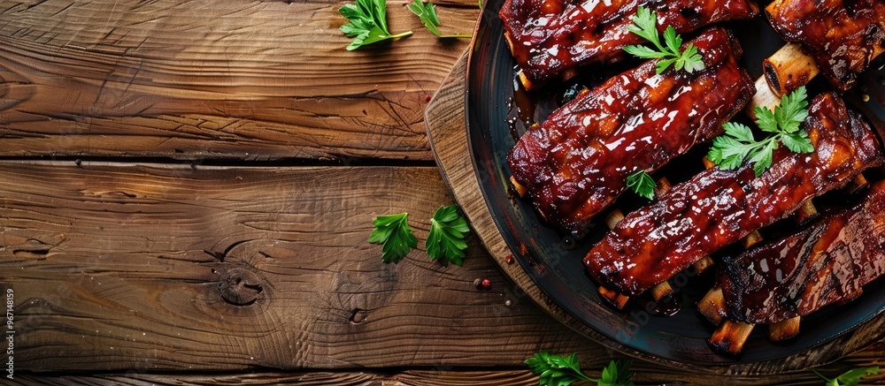 Poster A deliciously prepared barbecue of fresh pork ribs on a rustic table with a scenic copy space image from a top down perspective