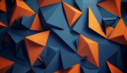 Abstract background. Windows wallpaper, 3D background with blue and orange triangles. for design. Geometric shapes. Triangles, squares, stripes, lines. Color gradient. Modern, futuristic.