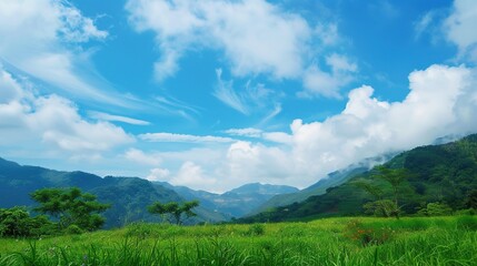 Beautiful landscape view of green summer forest with spruce and pine trees mountain, lake, river.