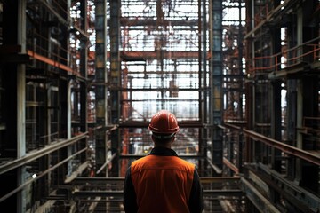 Fototapeta premium Construction Worker Standing in an Industrial Building