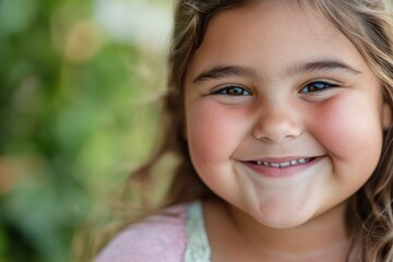 Fototapeta premium A cheerful young girl smiling warmly into the camera, with a blurry green natural background providing a soft and subtle backdrop to her expressive features.