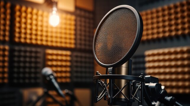 Close-up of professional condenser microphone in soundproof recording studio, pop filter attached, acoustic foam panels on walls, soft lighting, ready for podcast or vocal recording session, copy spac