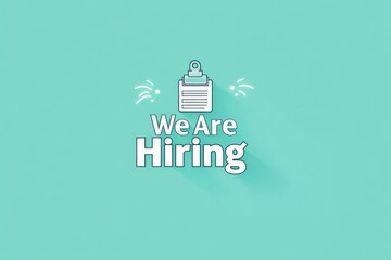 Obraz premium A clean and modern design showing the text 'We Are Hiring' paired with a clipboard icon on a pastel turquoise background, denoting job availability and professional environment.